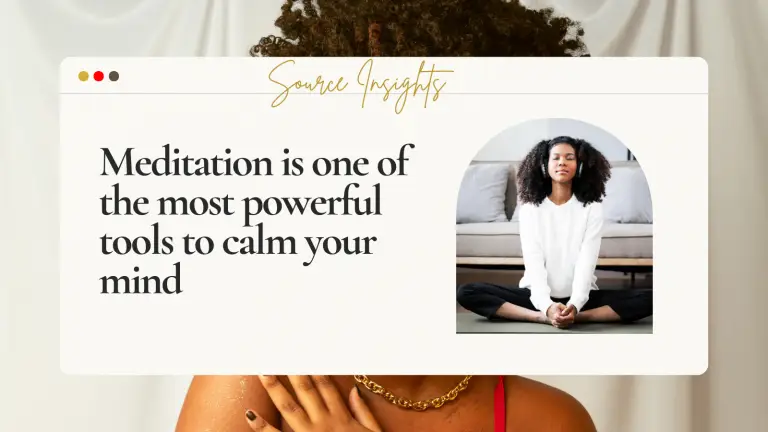 meditation is on of the most powerful tools to calm the mind with a black woman holding her chest in the background and another black woman meditating with headphones on