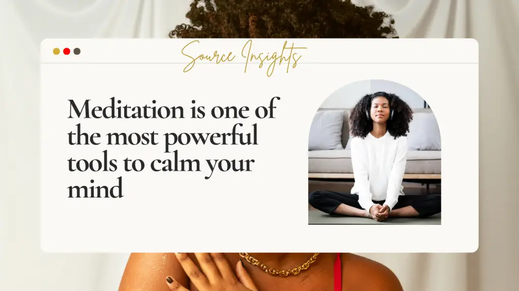 meditation is on of the most powerful tools to calm the mind with a black woman holding her chest in the background and another black woman meditating with headphones on